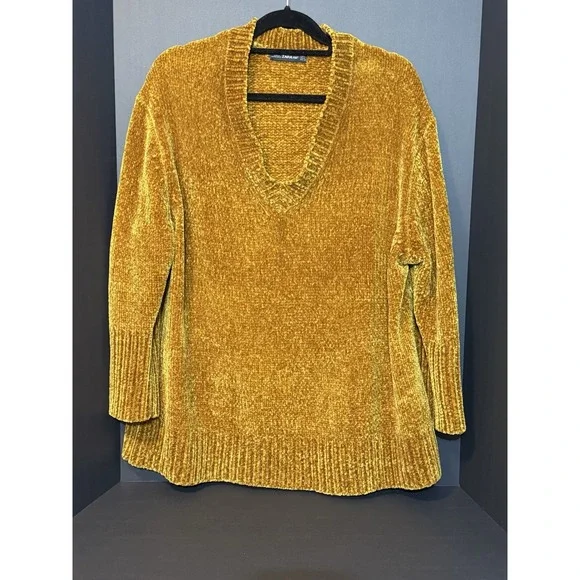 Zara Knit Oversized Sweater Womens Small Mustard Yellow V Neck . Buttery Soft - Picture 1 of 5